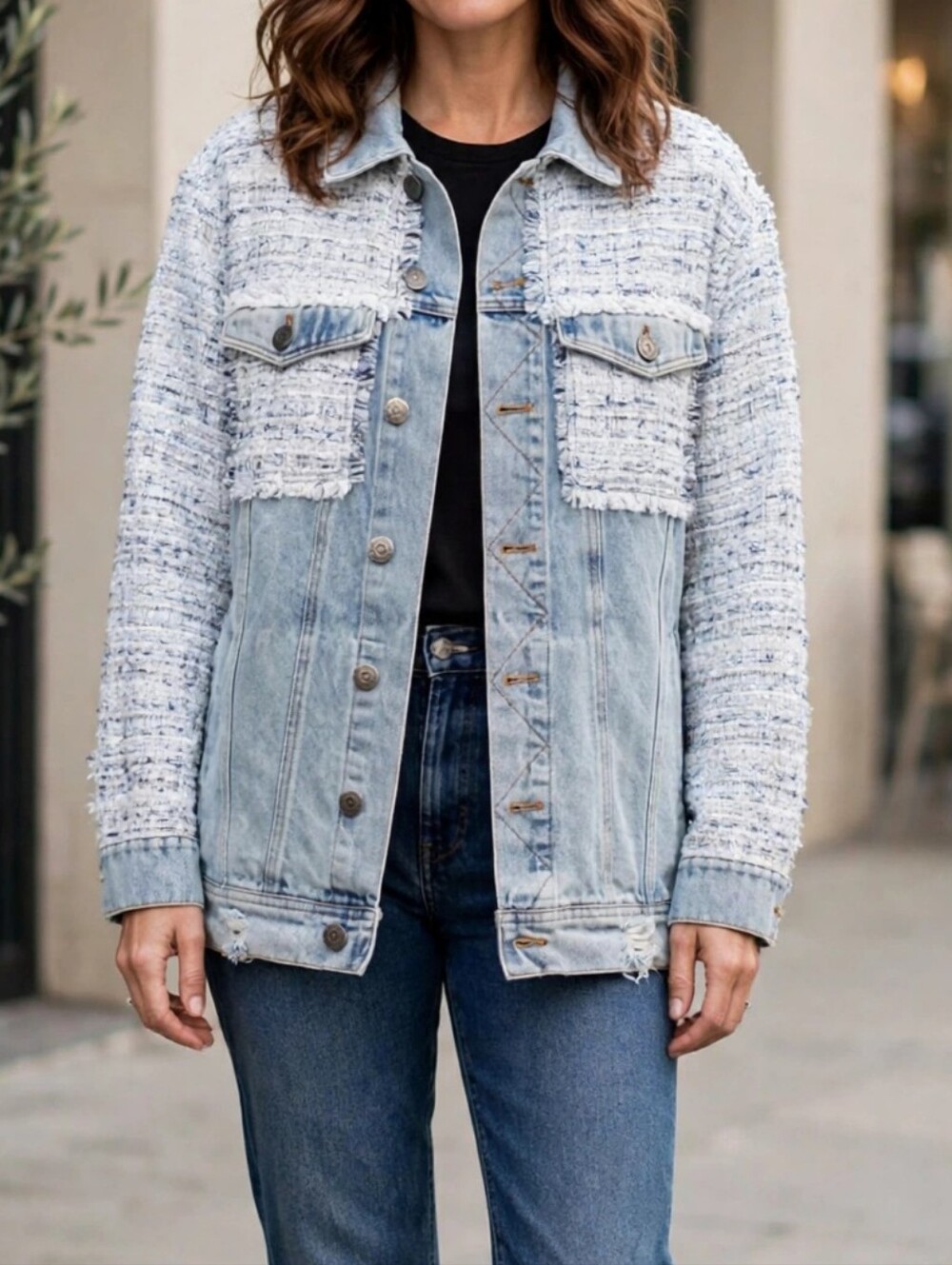 BB Dakota by Steve Madden Denim Tweed Jacket Oversized Light Wash